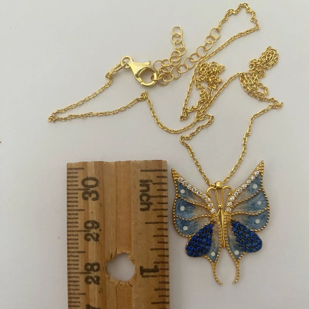 🦋 Butterfly necklace 925 silver sapphire blue cz stones 18k yellow gold plated